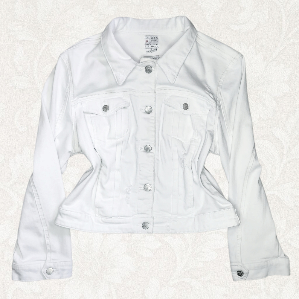 GUESS Cropped White Denim Jacket – Size Large – Y2K Icon Energy